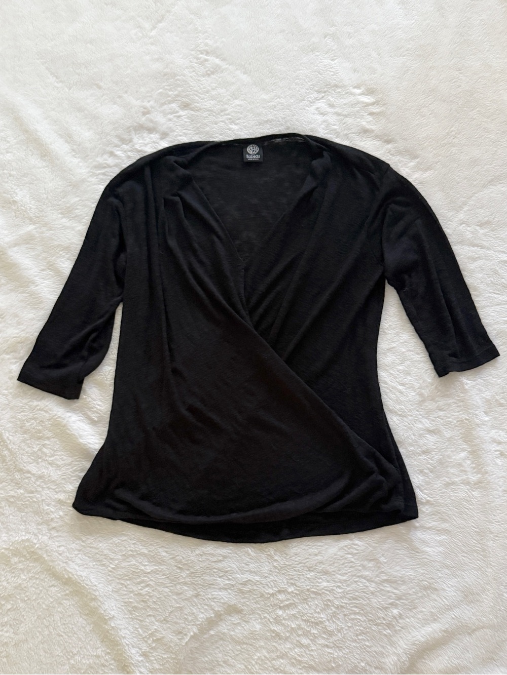 Bobeau Faux Wrap Knit Top Black 3/4 Sleeve